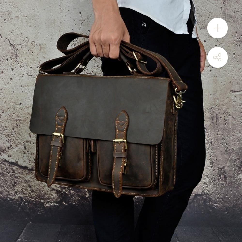 MEN'S CRAZY HORSE LEATHER RETRO DESIGNER BUSINESS BRIEFCASE